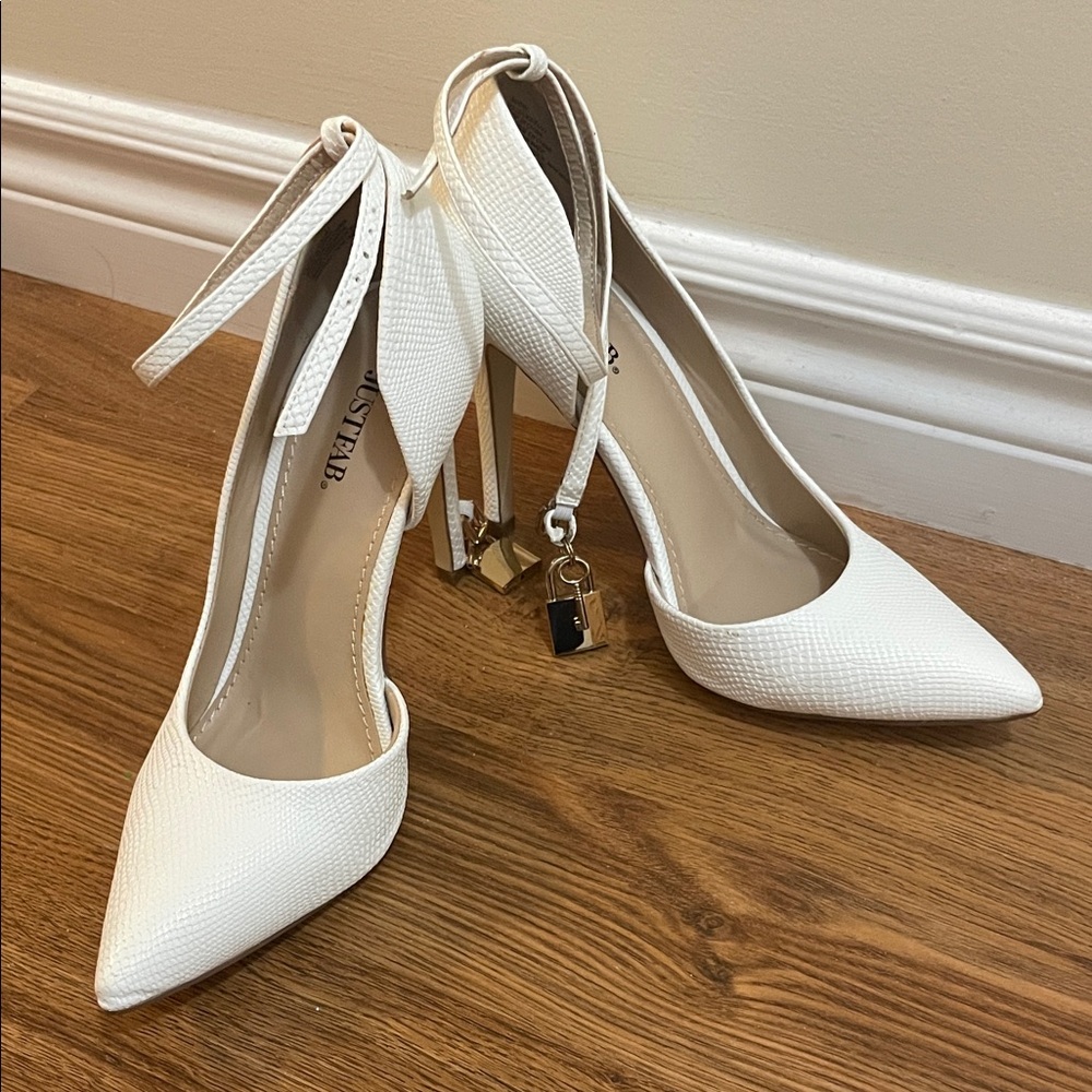 JustFab White Textured Heels with Ankle Strap